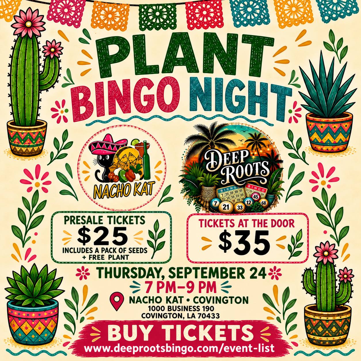 Plant Bingo Night at Nacho Kat Covington on Thursday, September 24 from 7 PM to 9 PM